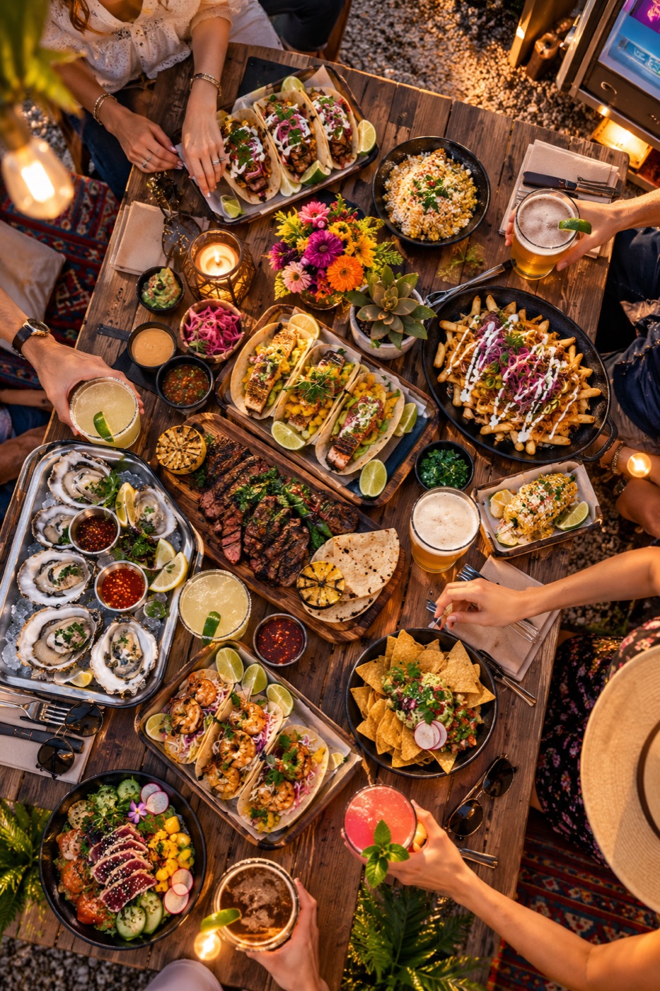 Overhead view of a table full of tacos, oysters, fries and drinks